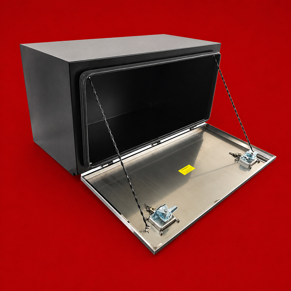 Red Flag 1000mm black steel body stainless steel lid underbody truck storage box open