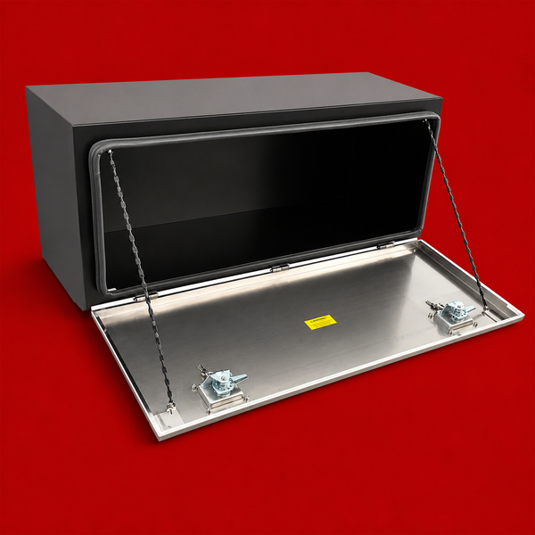 Red Flag 1200mm black steel body stainless steel lid underbody truck storage box open