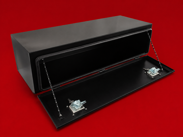 Red Flag 1200mm black steel underbody truck storage box open