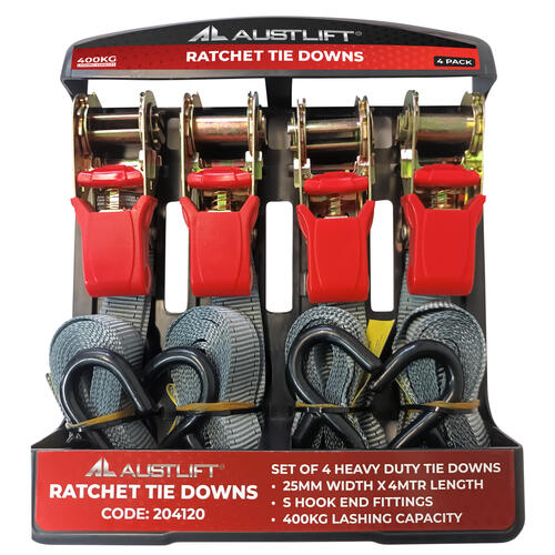 Austlift 25mm x 4m ratchet tie down 4-pack with S hooks