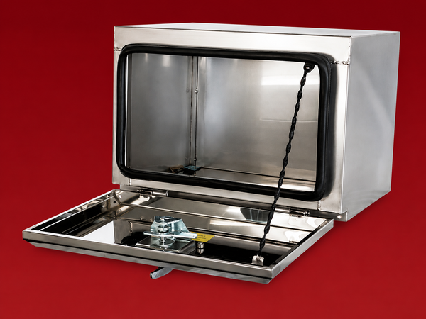 Red Flag 500mm polished stainless steel underbody truck storage box open