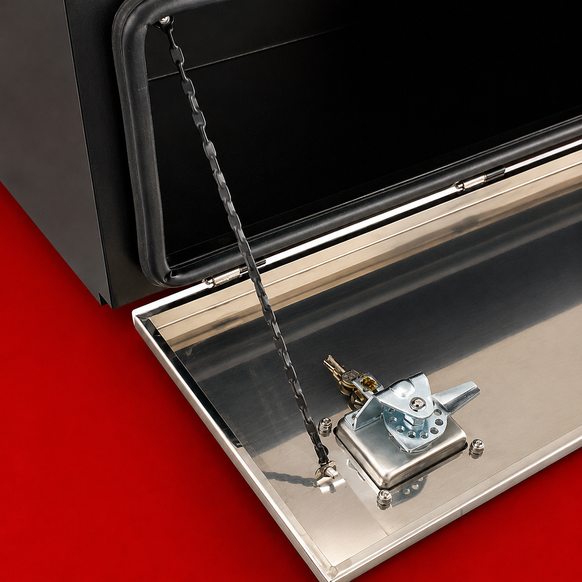 Red Flag 600mm black steel body stainless steel lid underbody truck toolbox T-lock details