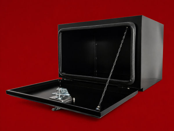 Red Flag 600mm black steel underbody truck storage box open flatbed