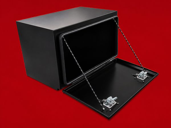 Red Flag 800mm black steel underbody truck storage box open side