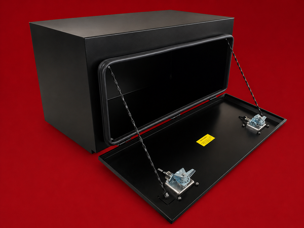 Red Flag 900mm black steel recessed lid underbody truck storage box open