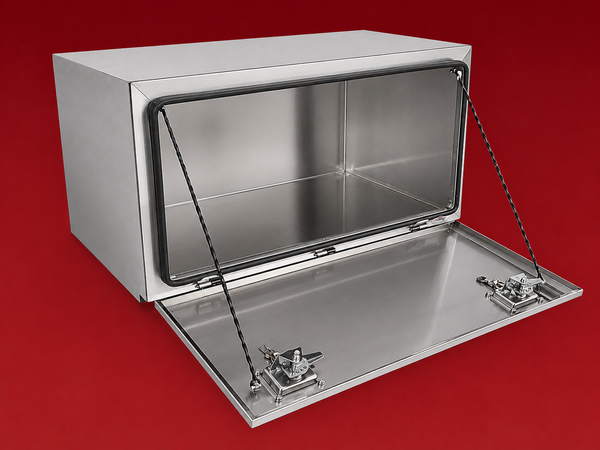 Red Flag 900mm curved edge stainless steel body polished stainless lid underbody truck storage box open