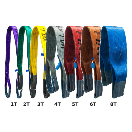 Austlift flat web lifting slings range 1T to 8T, colour-coded violet, green, yellow, grey, red, brown and blue
