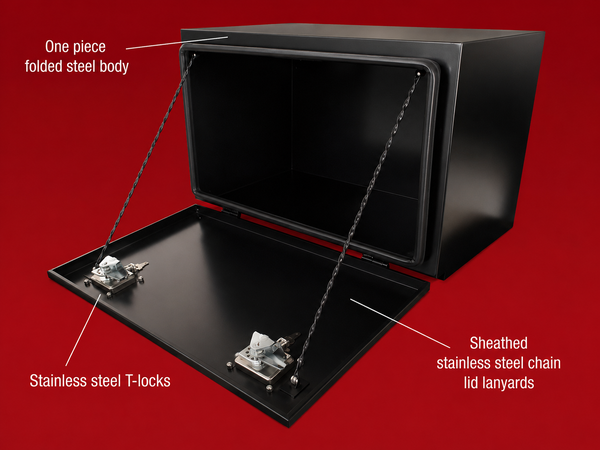 Red Flag heavy duty black powder coated steel truck toolbox inside