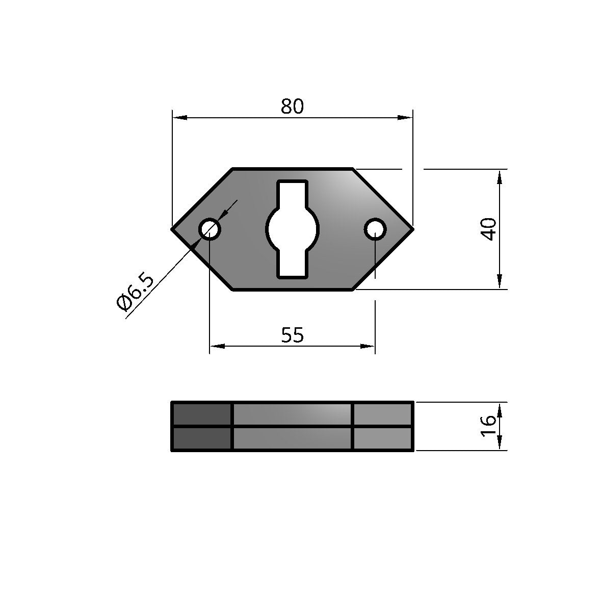TurnLock receiver dimensions: 80 x 40 x 16mm, 55mm hole centres, 6.5mm holes