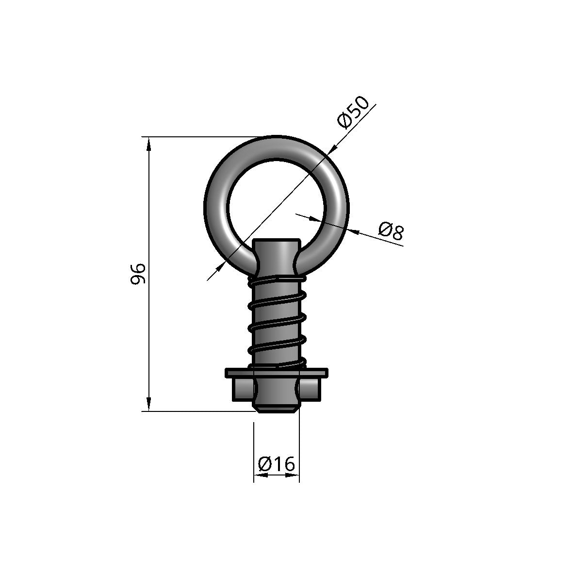 TurnLock 1T tie-down point dimensions: 96mm tall, 50mm ring, 8mm bar, 16mm shank